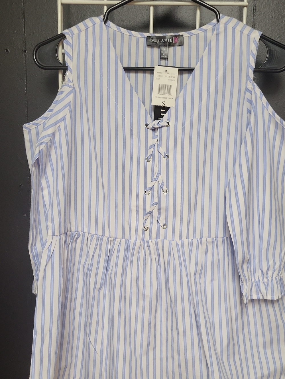 Blue & White Peplum Striped Cold-Shoulder Blouse, Small